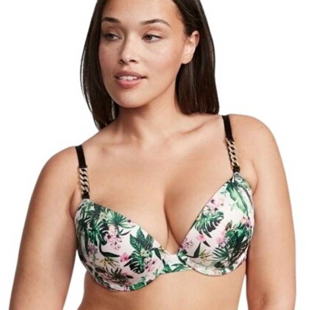 Victoria's Secret Bombshell Push-Up Bra Floral Rhinestone Chain Padded 38DD